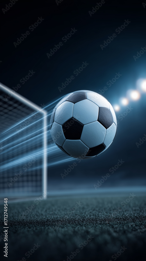 Naklejka premium Blue Soccer Ball Flying to Goal with Light Trails