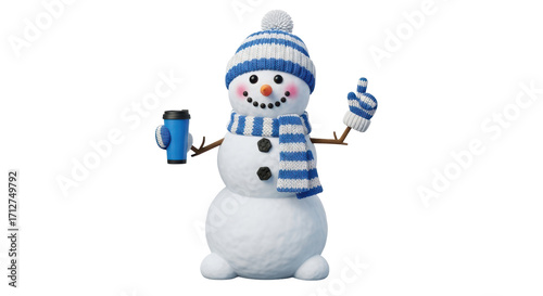 Isolated snowman wearing hat and scarf holding coffee cup, fun and festive for winter