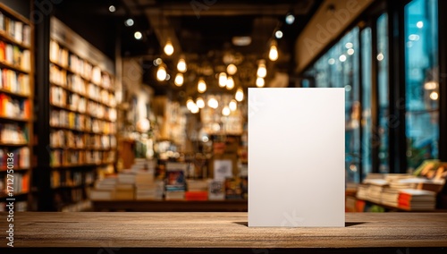 Blank White A4 Poster on Table in Elegant Bookstore – Surrounded by Books with Warm Interior Lighting