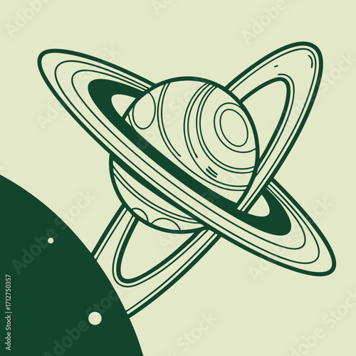 Stylish minimal vector illustration of a planet with rings and space background, perfect for astronomy, science, education, cosmic and galaxy themed designs