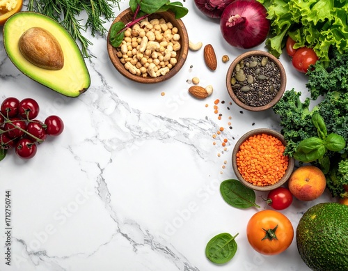 Nutrient dense, plant based ingredients on marble table