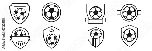 Set of soccer ball emblems and football club logo icons with shield and crest designs in a minimalist line art style
