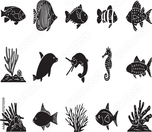 Black and white vector illustration of various sea creatures and coral reefs