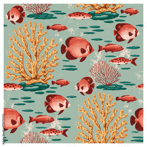 A vibrant seamless coral reef pattern featuring red tropical fish, golden coral branches, and sea plants on a teal background. This lively undersea design is ideal for summer-themed fabric, beachwear.