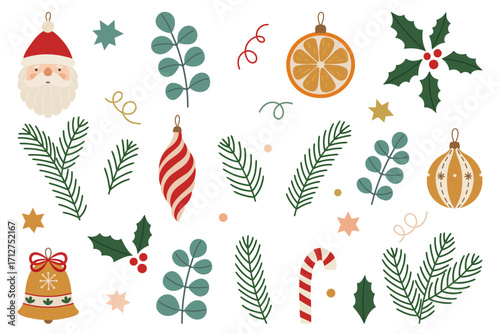 Christmas vector set with Santa, ornaments, fir branches and holiday decor