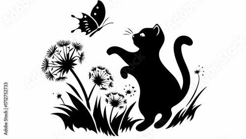 Silhouette of a cat reaching for a butterfly near dandelions in a black and white illustration style | editable eps vectors