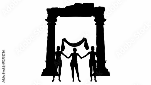Silhouette of three figures holding hands under a draped cloth and stone archway in black and white | editable eps vectors