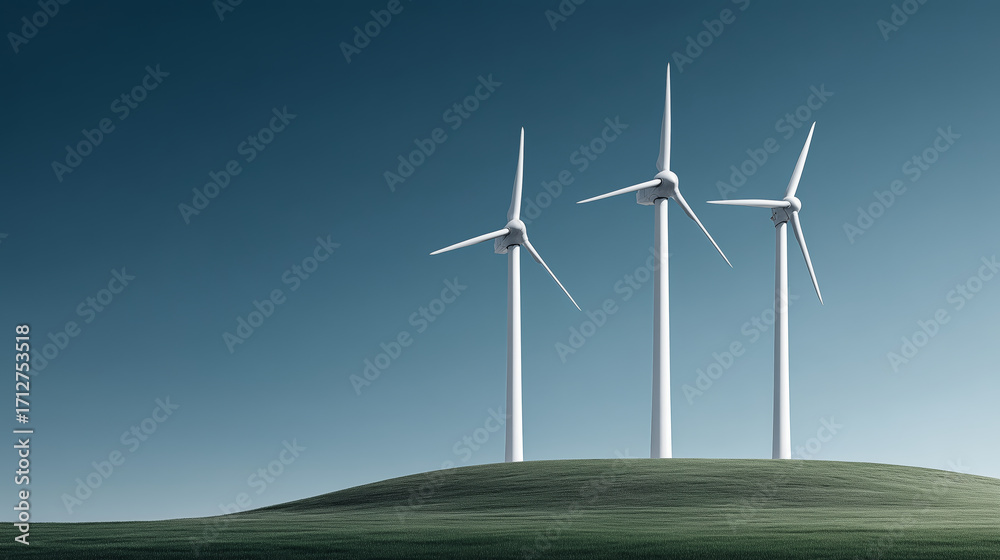 Obraz premium Three Wind Turbines on Green Hill Under Blue Sky 