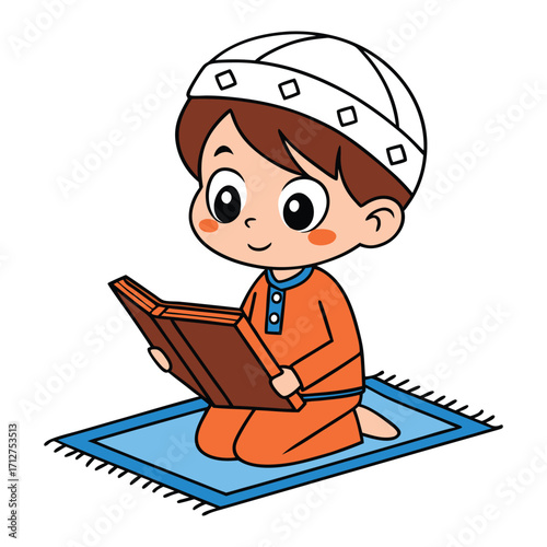 Adorable cartoon illustration of a young muslim boy wearing a white kufi and orange thobe kneeling on a prayer mat reading the holy quran with a happy expression