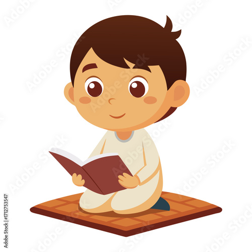 Adorable cartoon boy wearing traditional islamic clothing kneeling on a prayer mat reading the quran with a gentle smile and focused expression
