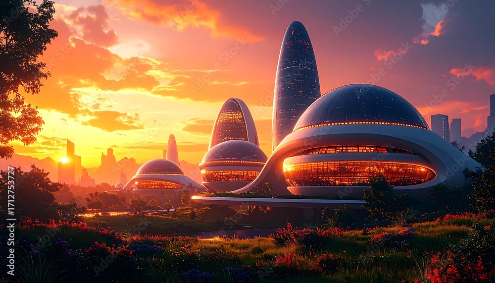 Obraz premium Futuristic city sunset