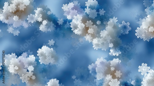 Delicate snowflakes and green elements are scattered over a bright blue backdrop, creating a cheerful winter atmosphere