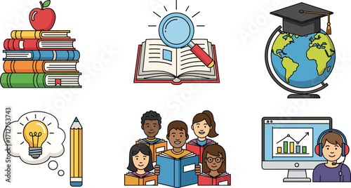 Education icons set, books, globe, students, online learning, creativity, research, school tools, vector illustration for academic and study themes