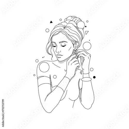 Elegant Woman Putting on Earrings Line Art Drawing Minimalist Fashion Illustration