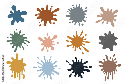 Colorful splashes of pastel colors in various shapes. Abstract spots and splatters. A collection of ink blots. Vector illustration in flat style on a white background.