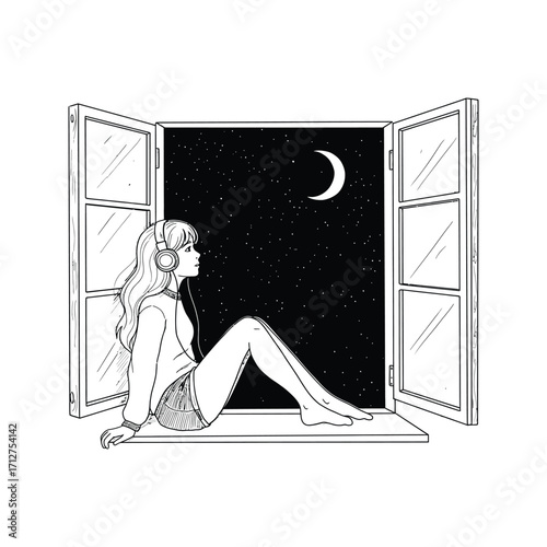 Girl with headphones sitting on window sill at night looking at the moon and stars line art illustration