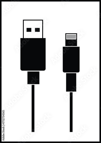 Black cable for charging and synchronization with Type - C, USB, Micro USB, Lightning connectors on a white isolated background close-up