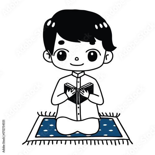 Adorable cartoon illustration of a young muslim boy sitting cross legged on a prayer mat reading the holy quran with a happy expression