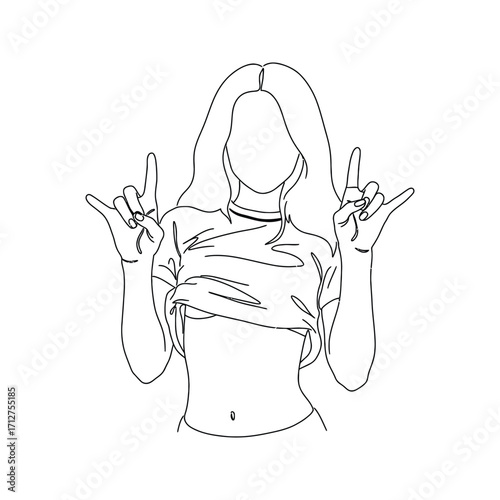 Line art drawing of a faceless woman with long hair wearing a shortsleeved shirt showing a confident pose with both hands in rockon hand gestures
