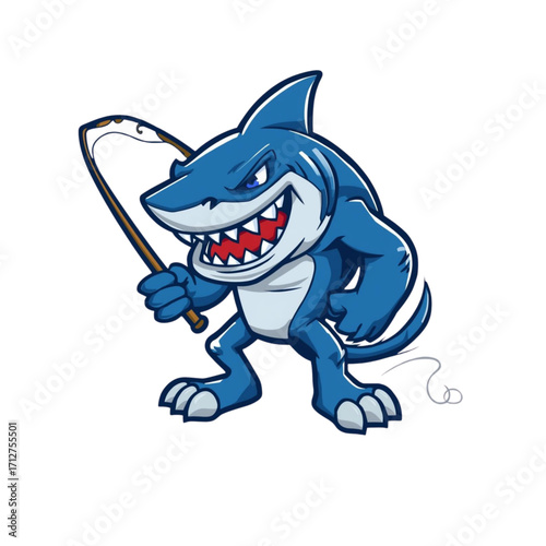 angry shark with mascot fishing