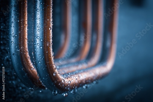 Close-up of an air conditioner's condenser with copper tubes and ice crystals, high-detail on dark blue background
