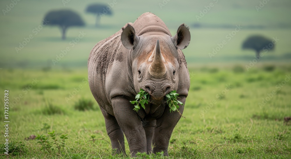Fototapeta premium A powerful black rhinoceros grazing in a green field with acacia trees