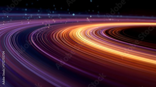 Luminous abstract light streaks in vibrant purple pink and orange flow dynamically in a curve against a dark background with scattered bokeh suggesting speed and energy
