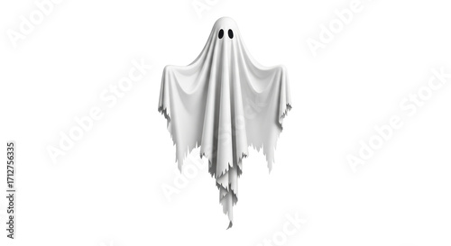 Isolated spectral Halloween ghost sheet costume hovering, spooky phantom apparition