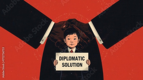 Promoting diplomatic solutions for global conflicts united nations headquarters graphic illustration red background conceptual viewpoint