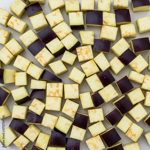 background. diced white flat on Eggplant Top with aubergine isolated or lay view,  Isolated
