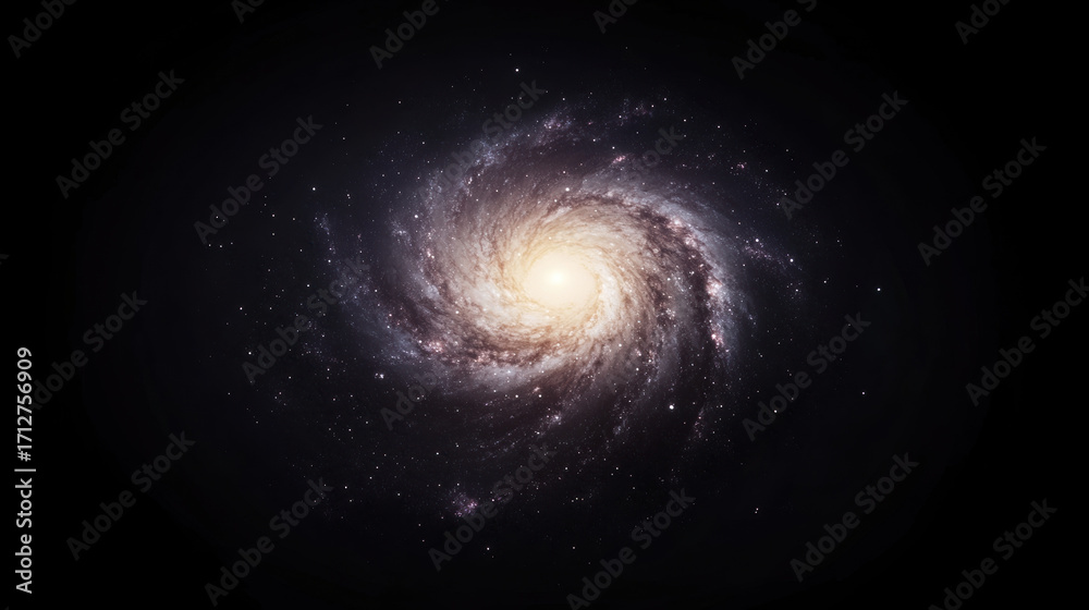 Fototapeta premium Spiral galaxy glowing with vibrant colors, cosmic dust swirling in deep black space, high fidelity detail, mysterious and awe inspiring celestial scene