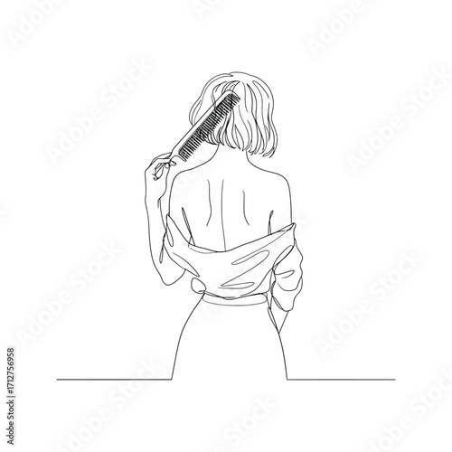 Woman combing hair back view line art drawing minimalist illustration beauty haircare fashion style elegant oneline art simple graphic vector