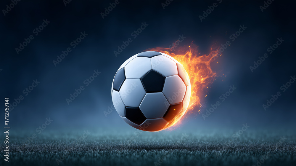 Naklejka premium Flaming Soccer Ball in Stadium Lights