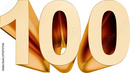 Wide angle view of the number 100 (one hundred) in golden 3d letters on transparent background. Graphics asset.
