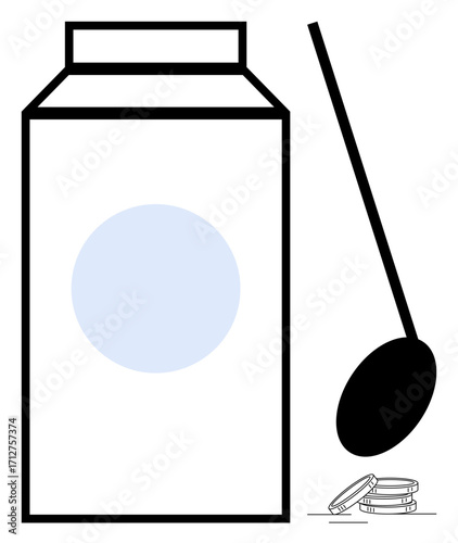 Large container with a scoop beside smaller stack of capsules. Ideal for health, supplement, medicine, nutrition, healthcare, packaging, wellness. Simple flat metaphor