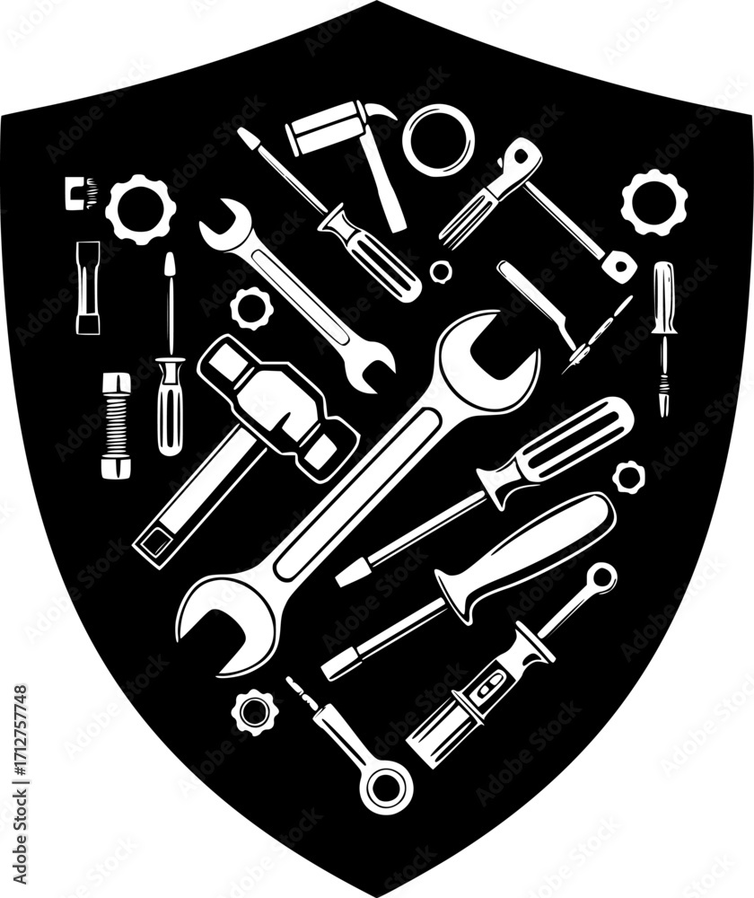 Obraz premium Shield mechanic repair service tools protection silhouette vector illustration
