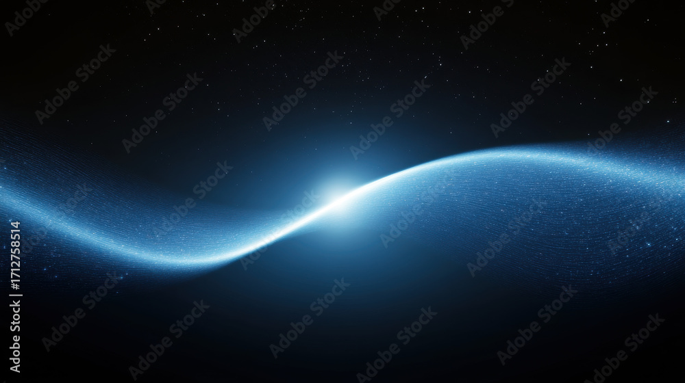 Obraz premium Radiant blue wave of light energy flows through starry cosmic background, creating futuristic and serene atmosphere with glowing particles and sense of motion