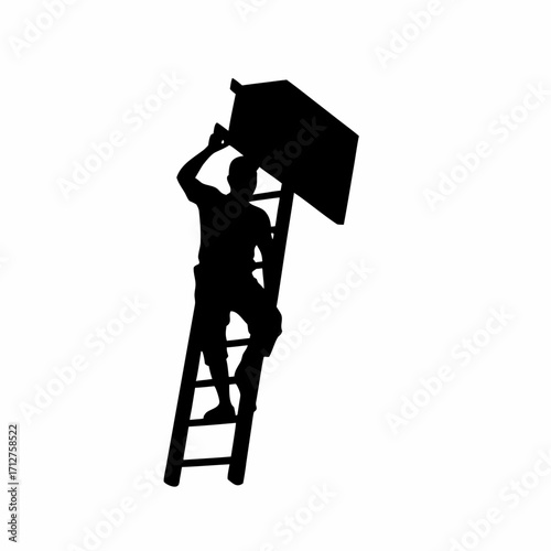 Silhouette of a roofing sheet installer climbing a ladder with a sheet on shoulder isolated on white background