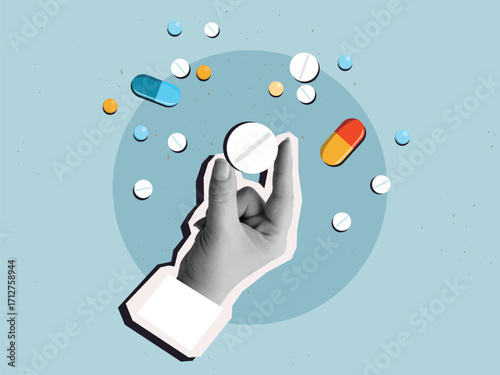 A hand holding a white pill, other pills and capsules around it. Therapy concept. Modern collage style. Vector illustration