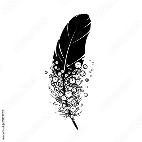 Steampunk feather composed of clocks and gears silhouette isolated on white background