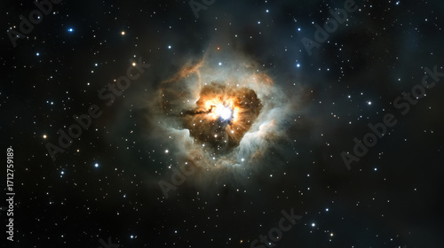 Fototapeta Naklejka Na Ścianę i Meble -  Kaleidoscopic nebula wide angle deep space glowing cloud cosmic dust high fidelity vibrant color star field ethereal astronomy awe inspiring cosmic scene with swirling gas and dust illuminated by