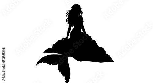 Silhouette of a mermaid sitting on a rock isolated on white background