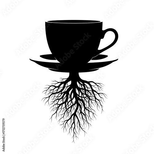 Coffee cup with roots silhouette isolated on white background