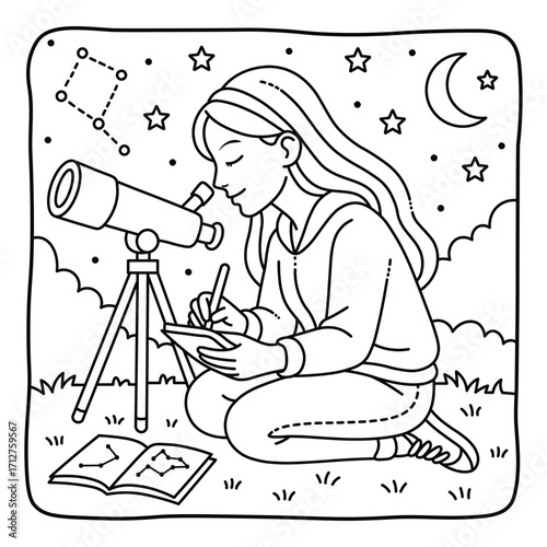 Girl Stargazing with Telescope Coloring Page | Night Sky Hand-Drawn Art