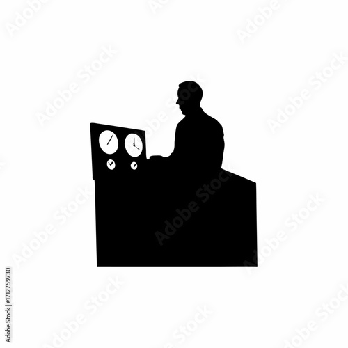 Silhouette of a tbm operator seated inside control cabin monitoring gauges isolated on white background