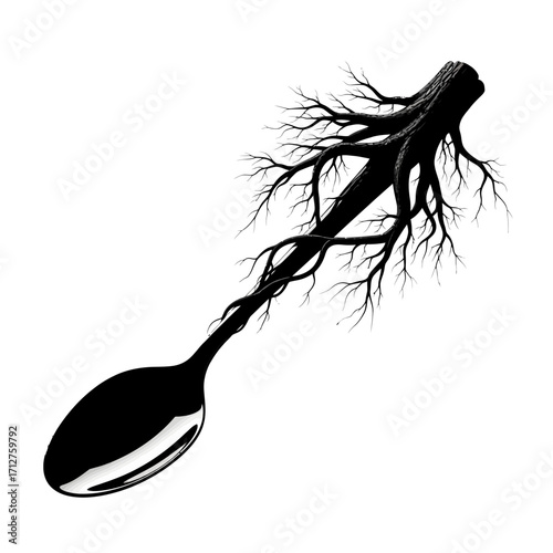 Tree roots growing from a spoon silhouette isolated on white background