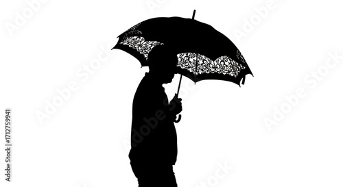 Man holding a decorative umbrella silhouette isolated on white background