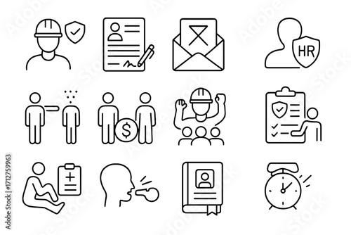 Employment Law Icons. Line style icons of employment law: worker rights icon, employment contract, termination letter, HR
