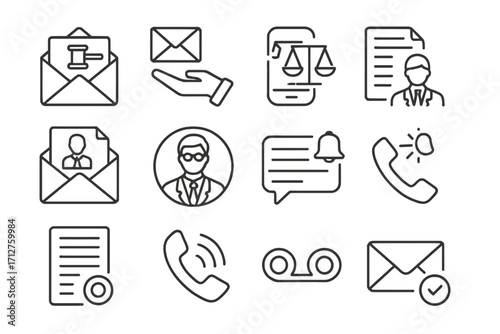 Legal Communication Icons. Line style icons of legal communication: court notice mail, subpoena delivery, legal correspondence,