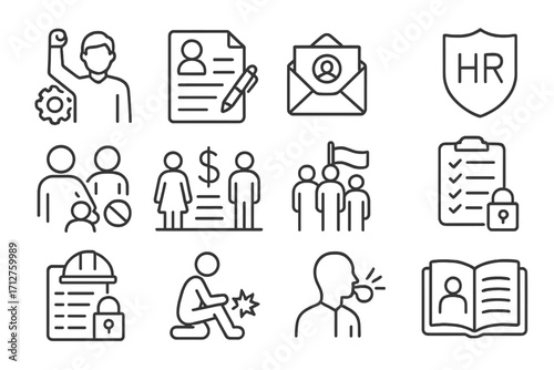 Employment Law Icons. Line style icons of employment law: worker rights icon, employment contract, termination letter, HR